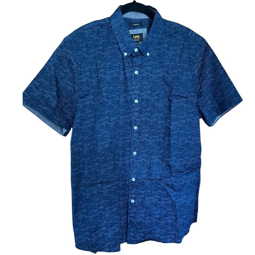 NWT! Navy Blue Cotton Short Sleeve Button Down // Lee Men's Size L